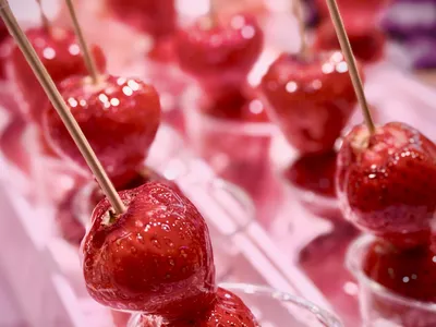 Fresh strawberries on sticks in Omicho Market, Kanazawa