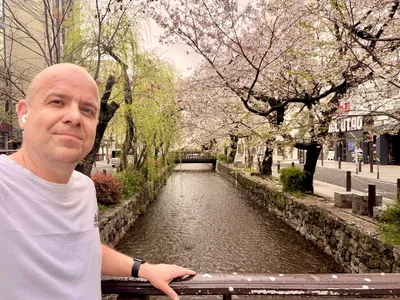A quick stop for a selfie during a morning run around Kyoto's Shimogyo district