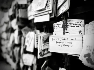 All the shrines have "Ema" - small wooden plaques used to write wishes, prayers, or thanks to the kami (spirits/gods).
