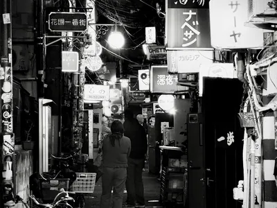 Shinjuku Golden Gai, a network of narrow alleys featuring over 200 tiny, themed bars each with only a handful of seats.